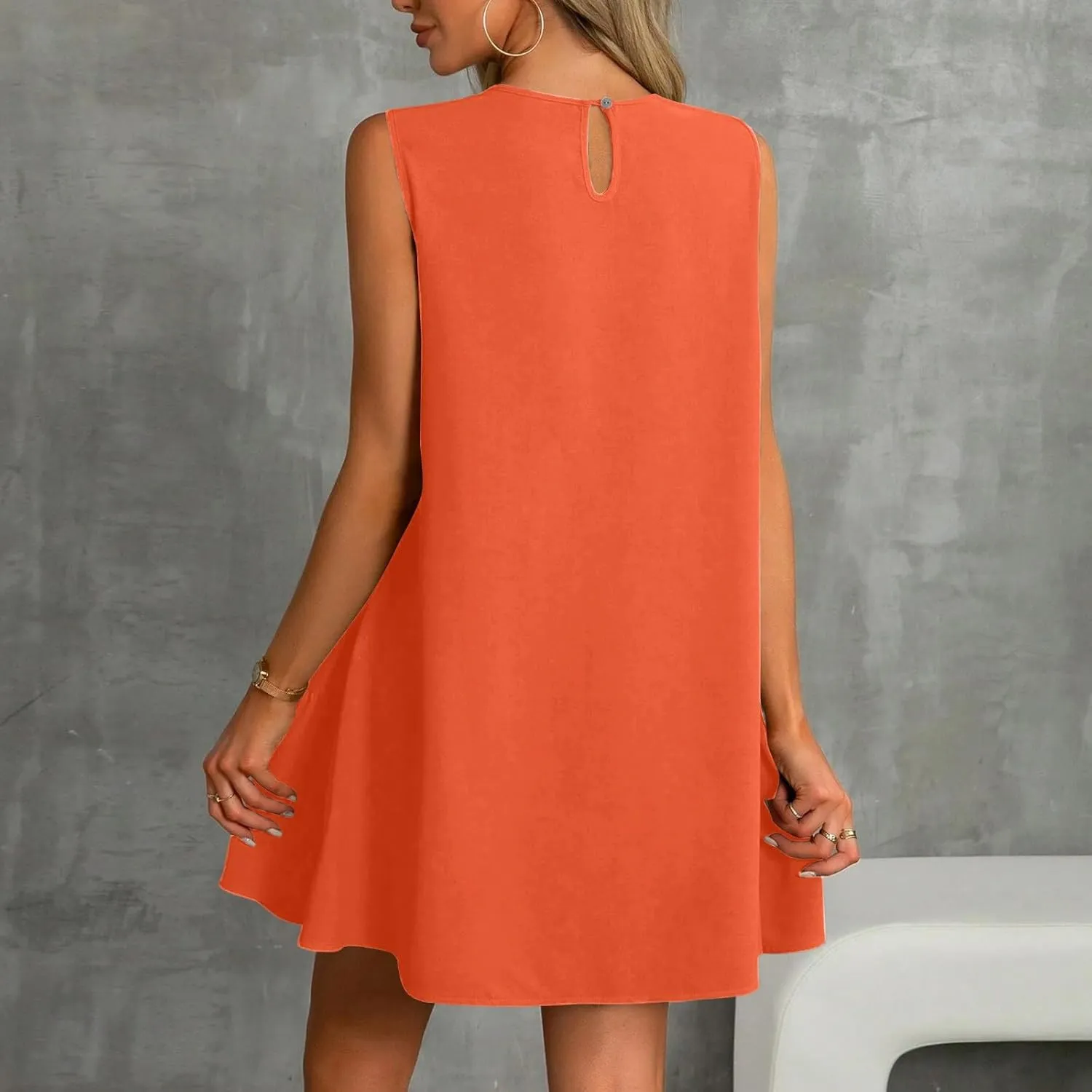 Women's Vacation Outfits 2025 Sleeveless Round Neck Tank Ruffle Loose Mini Sundresses with Pocket, S-2XL