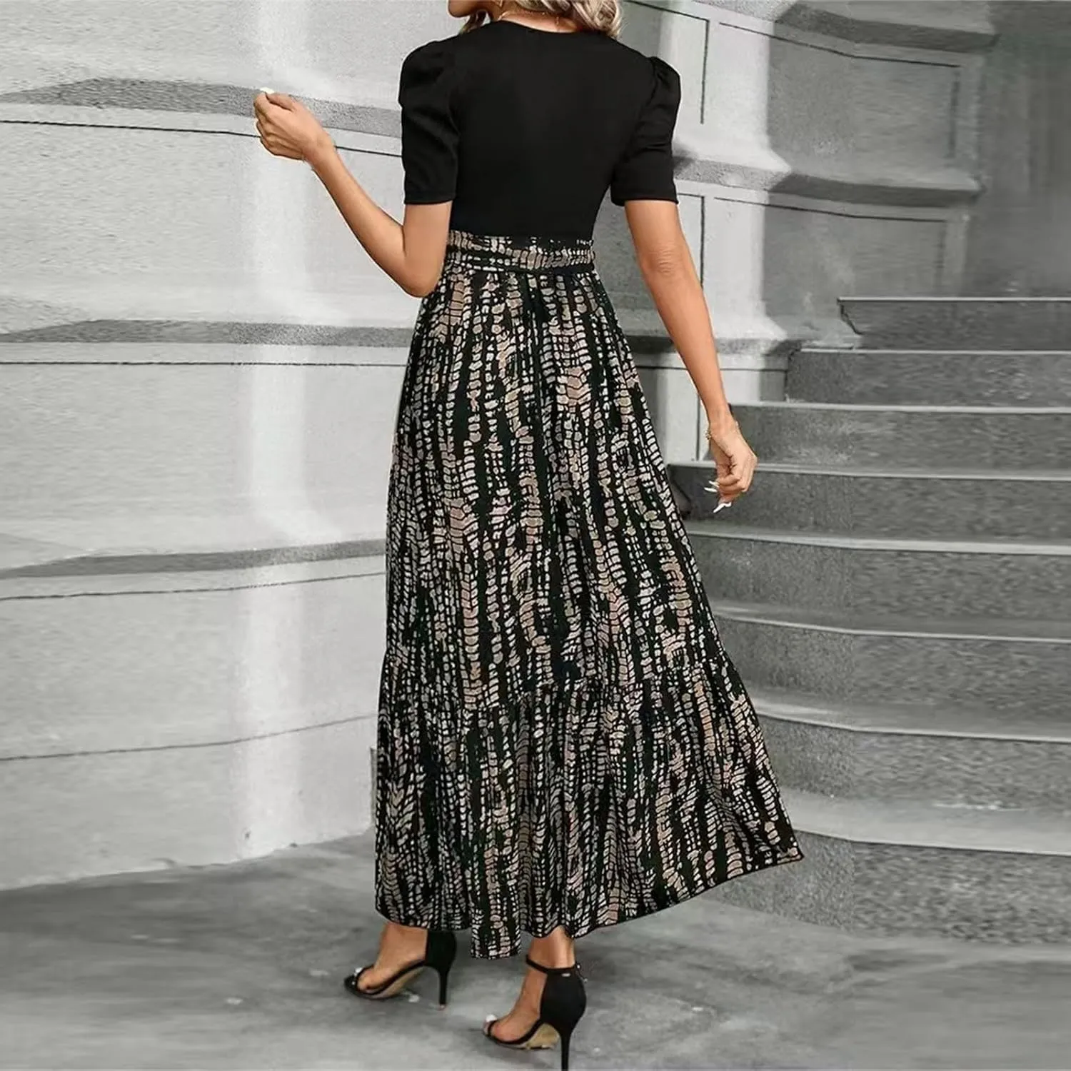 Work Dresses for Women 2025 Elegant Classy Summer Empire Waist Short Sleeve A Line Dress Wedding Guest Wrap Sundress