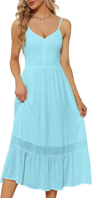 YATHON Women's Ruffle V-Neck Smocked Midi Dress Spaghetti Straps High Waist Aline Solid Party Beach Dresses for Women Casual