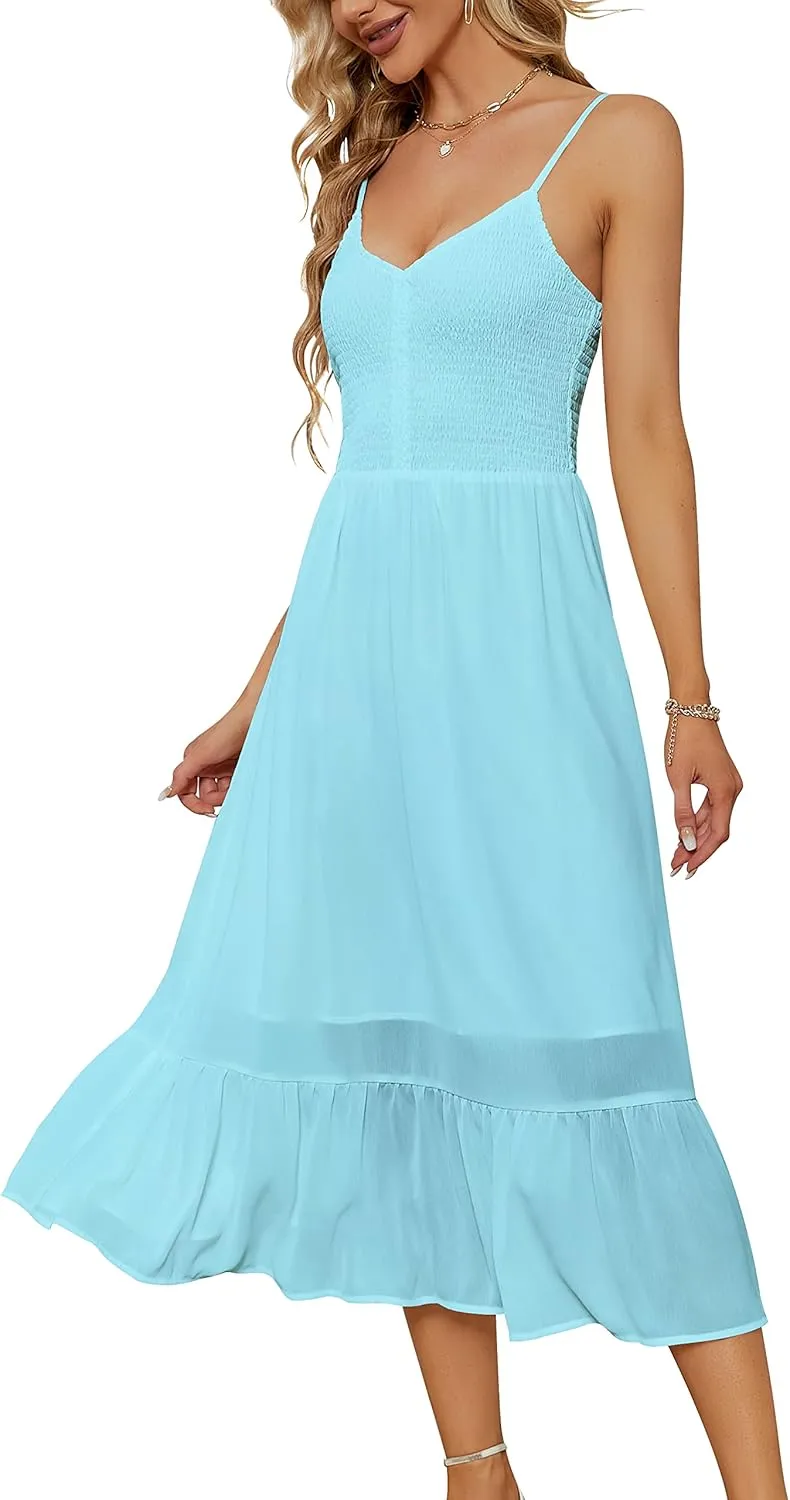 YATHON Women's Ruffle V-Neck Smocked Midi Dress Spaghetti Straps High Waist Aline Solid Party Beach Dresses for Women Casual