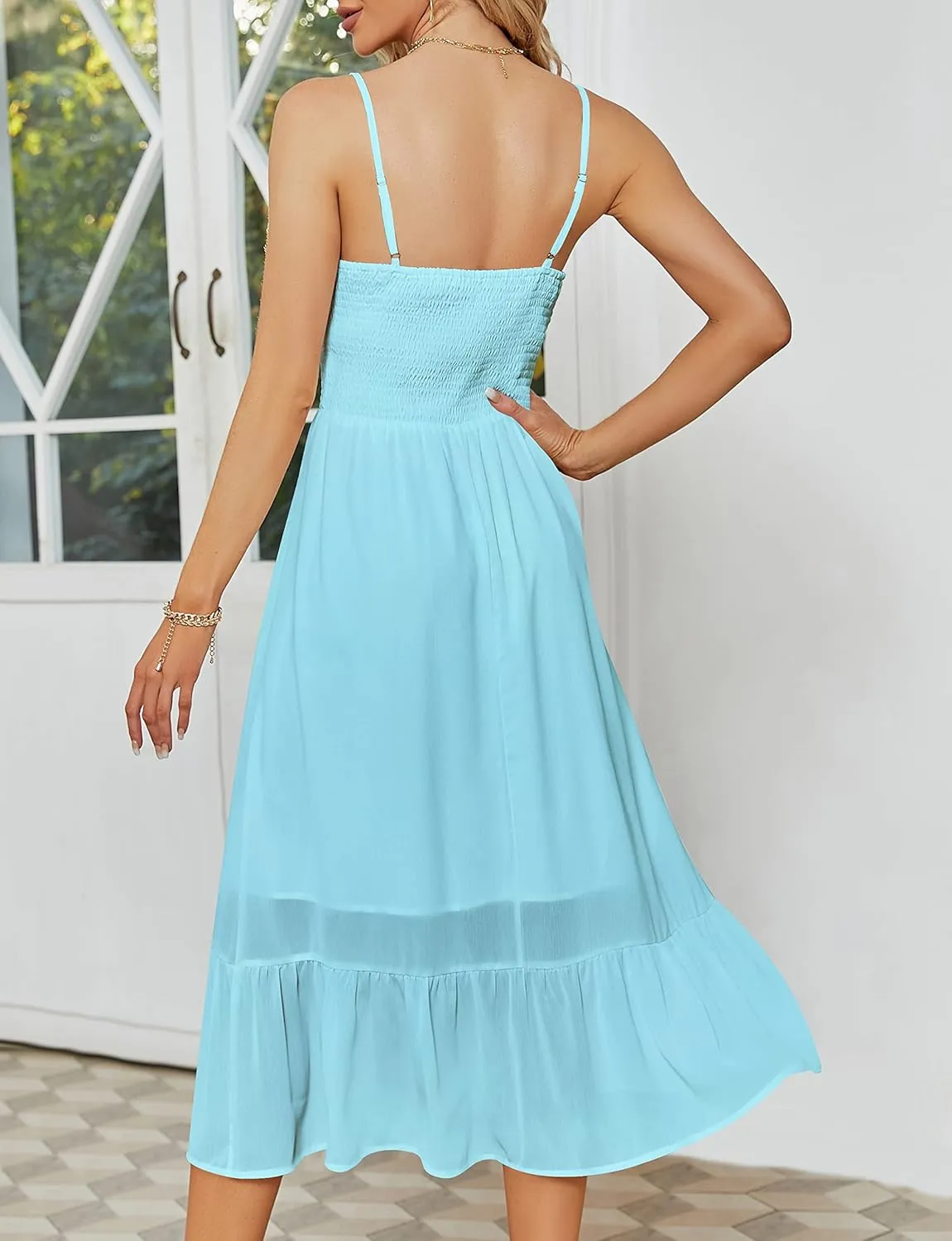 YATHON Women's Ruffle V-Neck Smocked Midi Dress Spaghetti Straps High Waist Aline Solid Party Beach Dresses for Women Casual