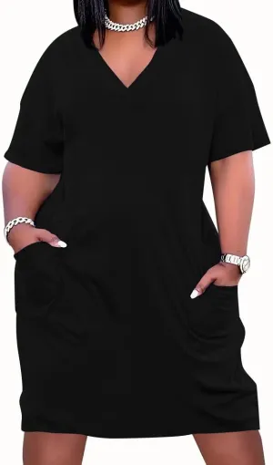 YeGine Women's Plus Size Casual Midi Dresses Short Sleeve T Shirt Dress with Pockets Black 2XL