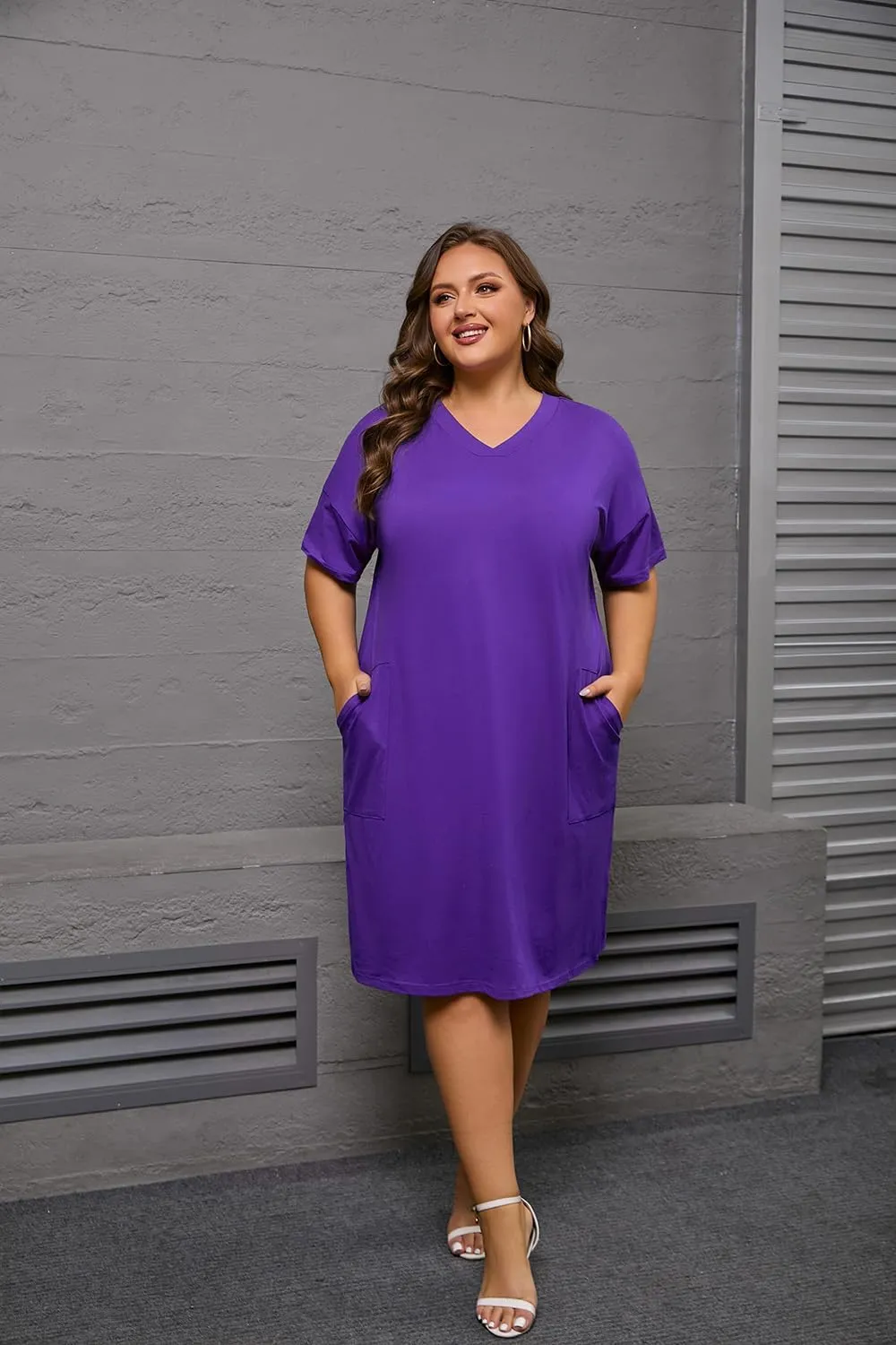 YeGine Women's Plus Size Casual Midi Dresses Short Sleeve T Shirt Dress with Pockets