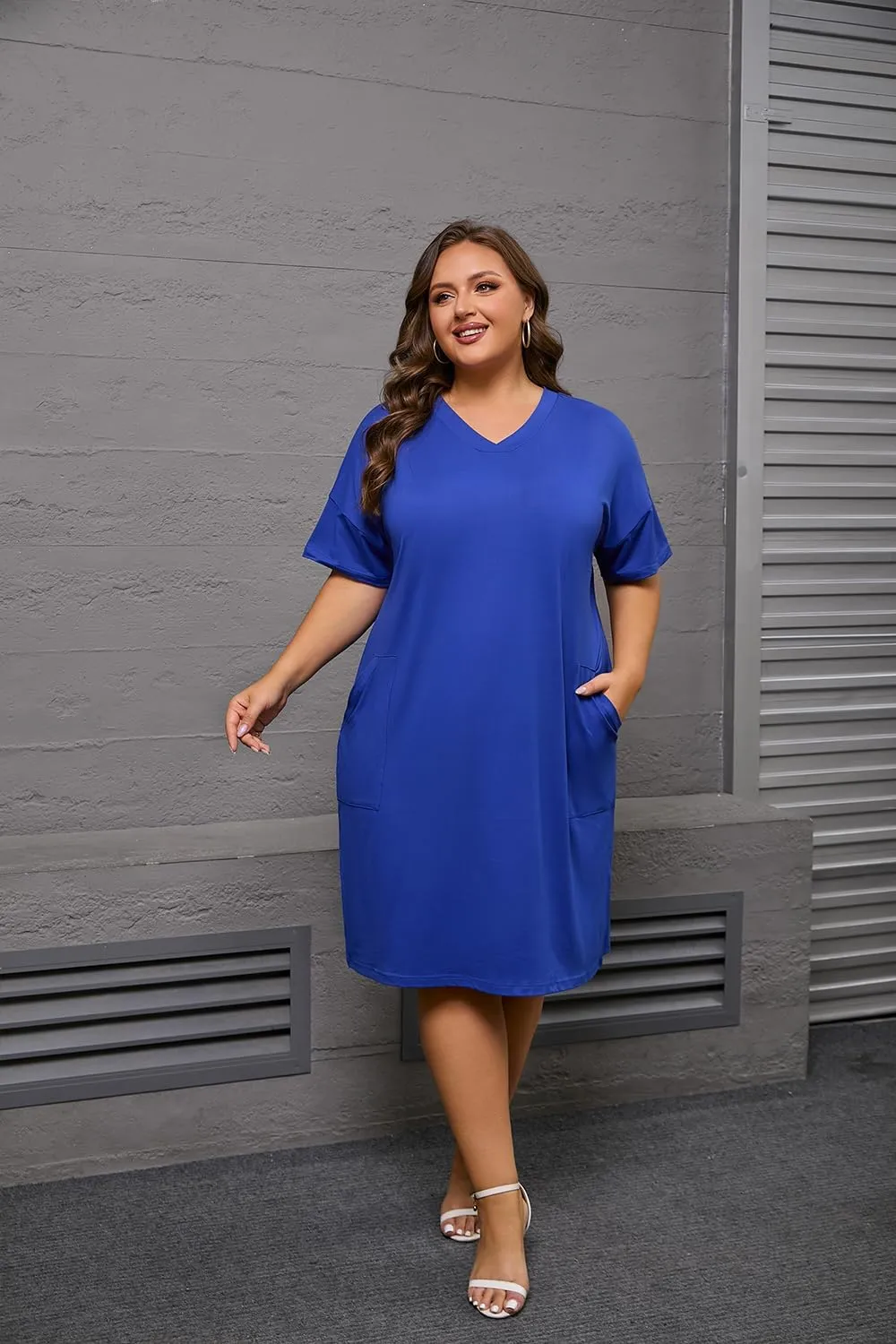 YeGine Women's Plus Size Casual Midi Dresses Short Sleeve T Shirt Dress with Pockets