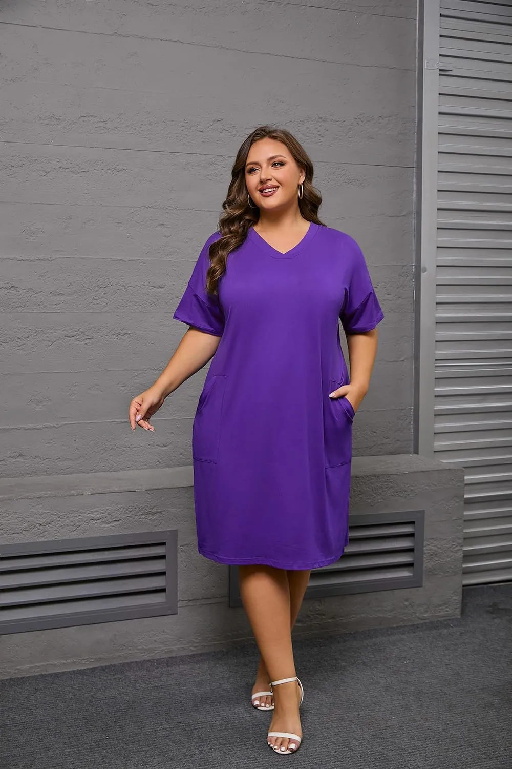 YeGine Women's Plus Size Casual Midi Dresses Short Sleeve T Shirt Dress with Pockets