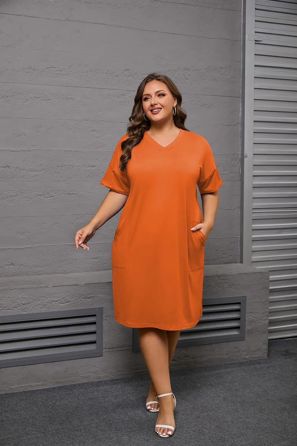 YeGine Women's Plus Size Casual Midi Dresses Short Sleeve T Shirt Dress with Pockets