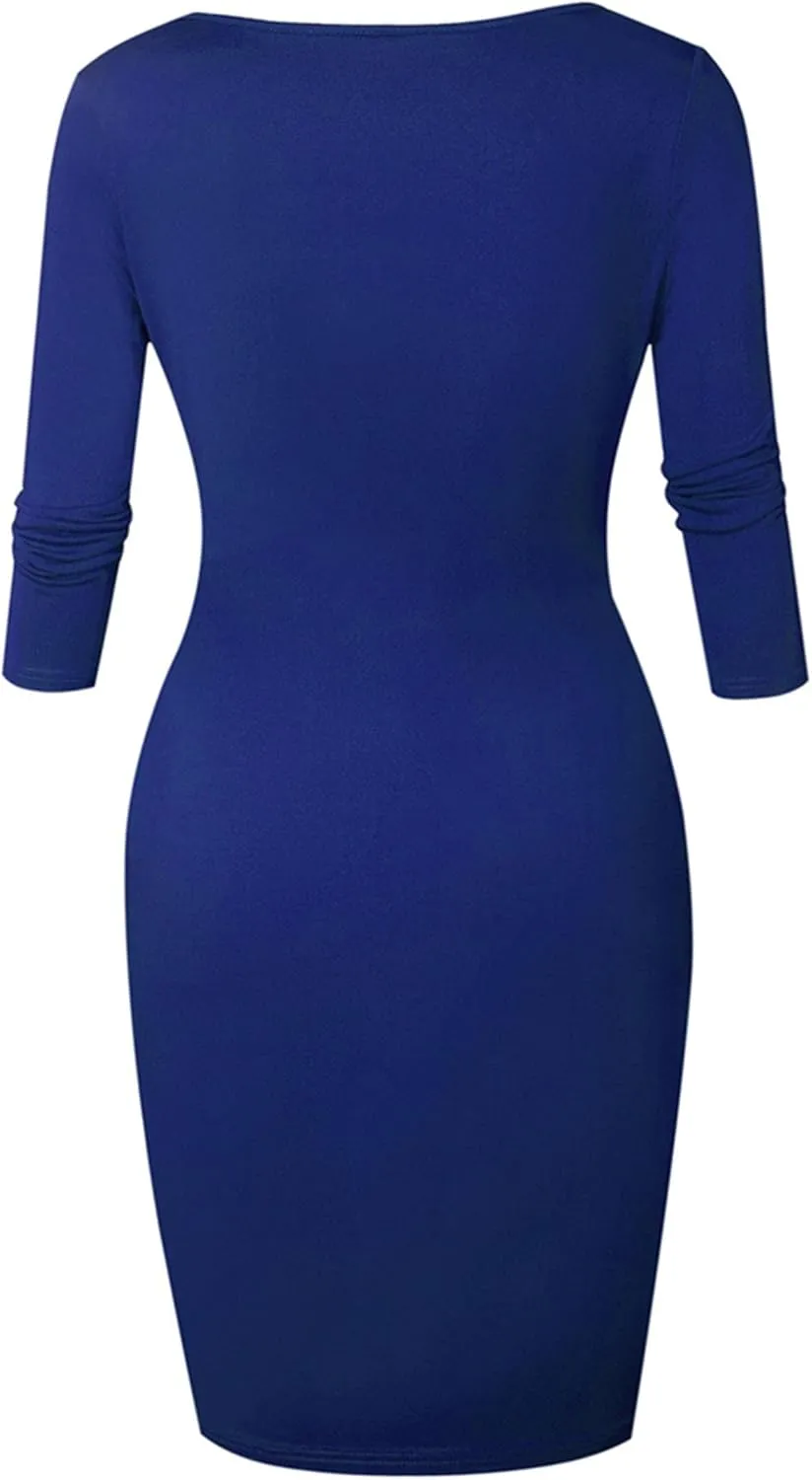 YMING Womens Zipper Front Bodycon Dress 3/4 Sleeve Midi Dresses Sexy Solid Color Club Dress