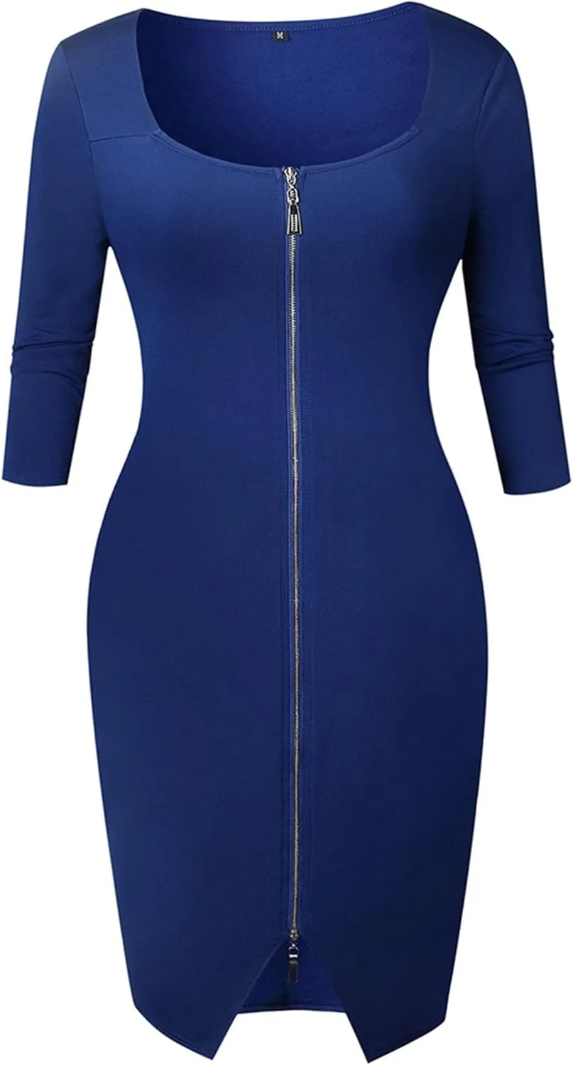 YMING Womens Zipper Front Bodycon Dress 3/4 Sleeve Midi Dresses Sexy Solid Color Club Dress