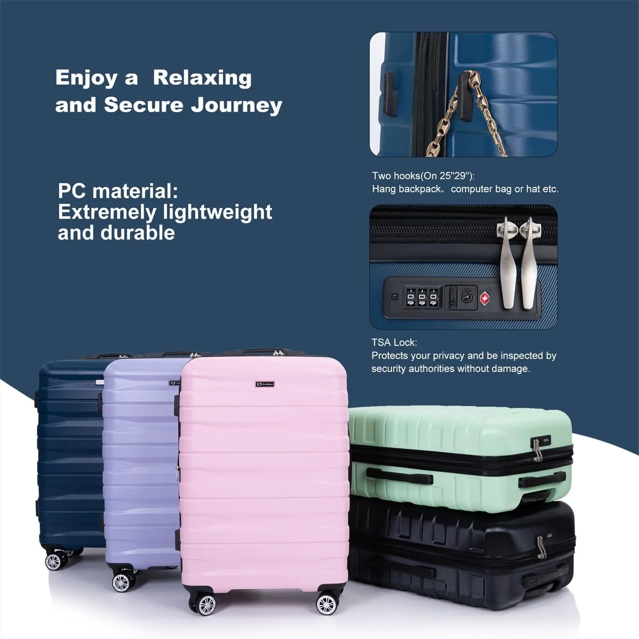 ZeHuoGe 3 Piece Luggage Sets, PC Lightweight & Durable Expandable Suitcase with Two Hooks, Double Spinner Wheels, TSA Lock, 21/25/29 (Dark Blue)