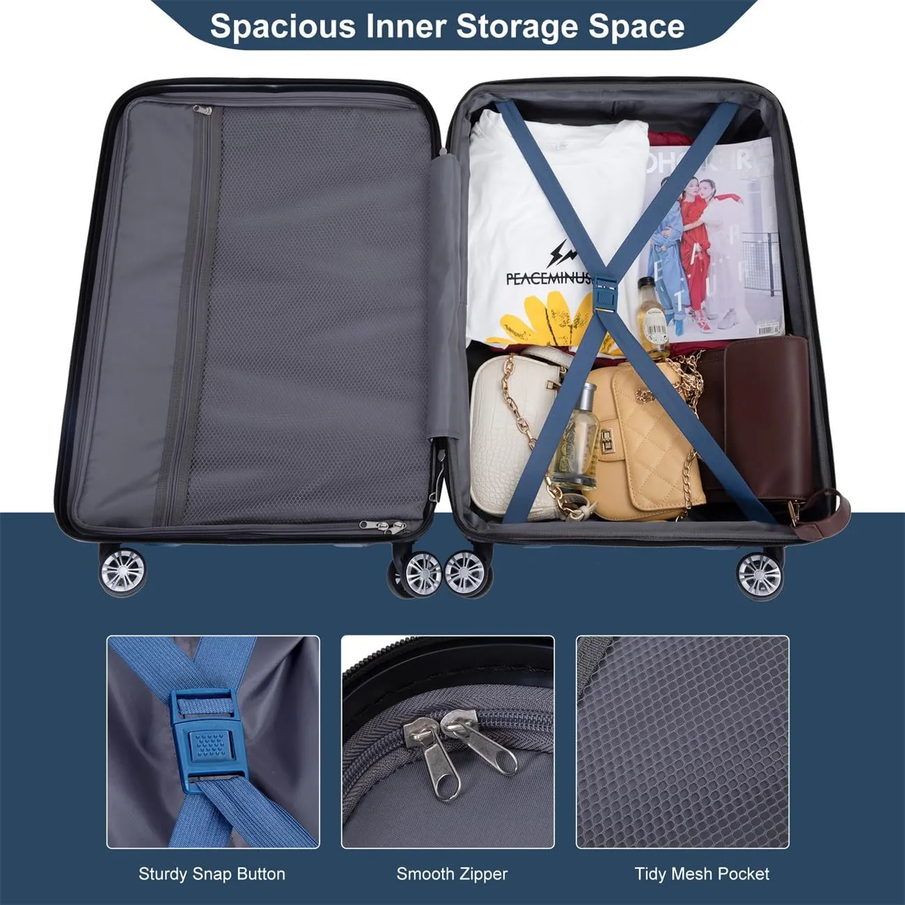 ZeHuoGe 3 Piece Luggage Sets, PC Lightweight & Durable Expandable Suitcase with Two Hooks, Double Spinner Wheels, TSA Lock, 21/25/29 (Dark Blue)