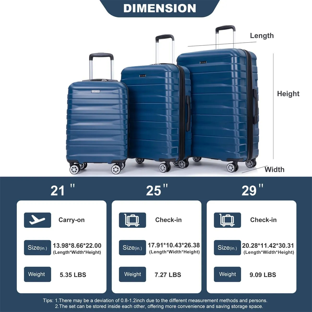 ZeHuoGe 3 Piece Luggage Sets, PC Lightweight & Durable Expandable Suitcase with Two Hooks, Double Spinner Wheels, TSA Lock, 21/25/29 (Dark Blue)