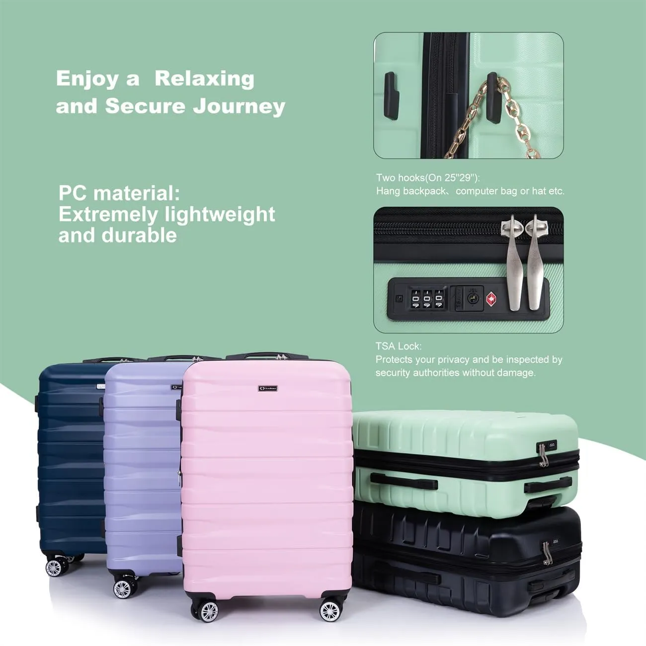 ZeHuoGe 3 Piece Luggage Sets, PC Lightweight & Durable Expandable Suitcase with Two Hooks, Double Spinner Wheels, TSA Lock, 21/25/29 (Light Green)