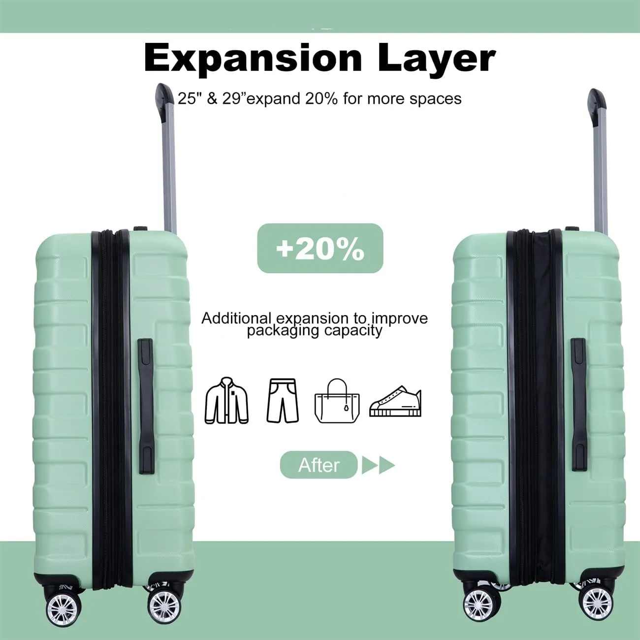 ZeHuoGe 3 Piece Luggage Sets, PC Lightweight & Durable Expandable Suitcase with Two Hooks, Double Spinner Wheels, TSA Lock, 21/25/29 (Light Green)