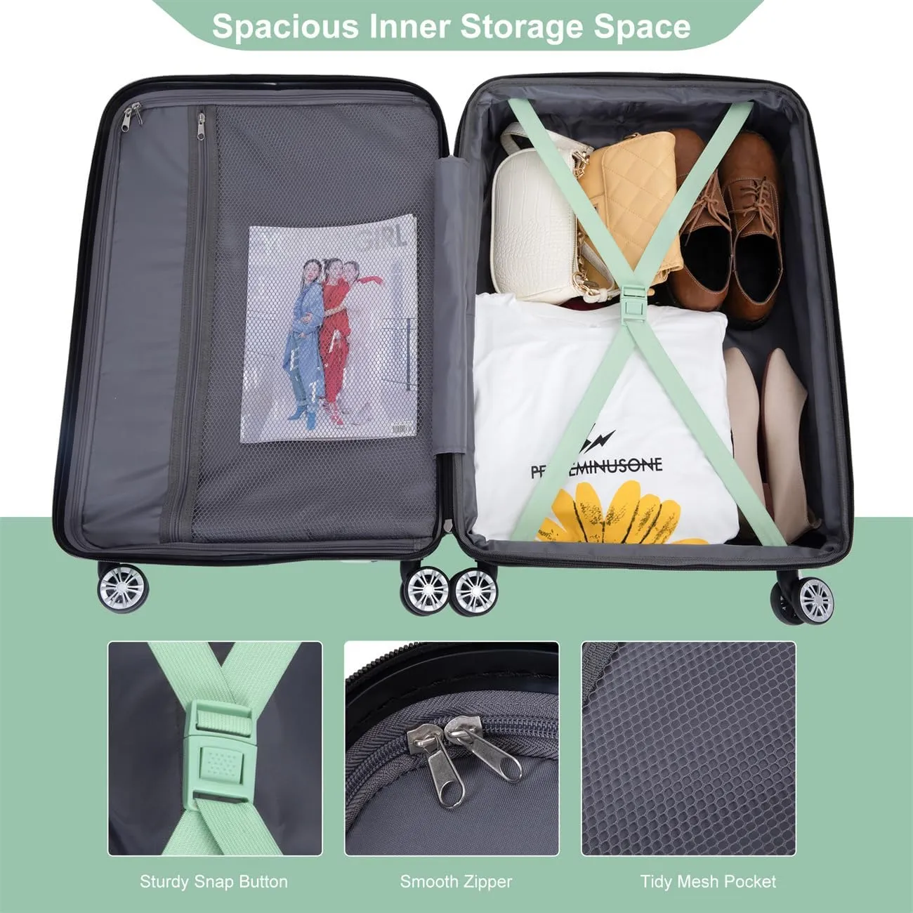 ZeHuoGe 3 Piece Luggage Sets, PC Lightweight & Durable Expandable Suitcase with Two Hooks, Double Spinner Wheels, TSA Lock, 21/25/29 (Light Green)