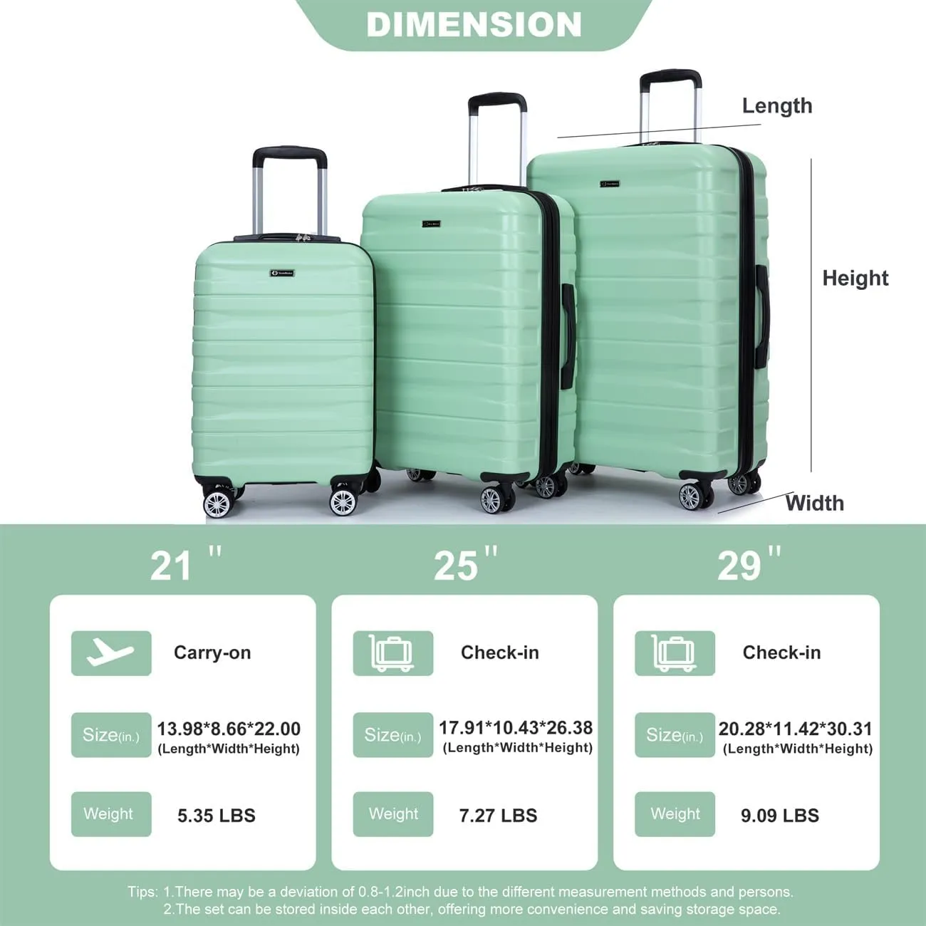 ZeHuoGe 3 Piece Luggage Sets, PC Lightweight & Durable Expandable Suitcase with Two Hooks, Double Spinner Wheels, TSA Lock, 21/25/29 (Light Green)
