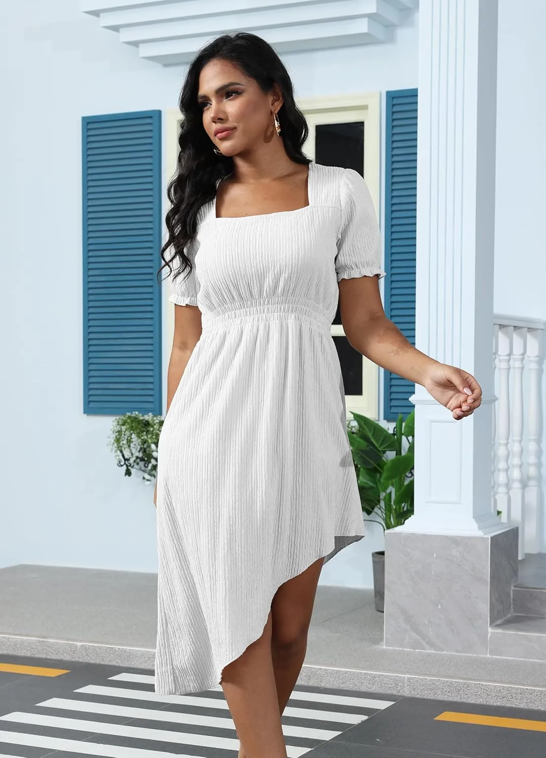 ZTN Womens Summer Casual Dress 2025 Square Neck Short Sleeve Sundresses Irregular Hem Midi Dresses Loose Beach Vacation