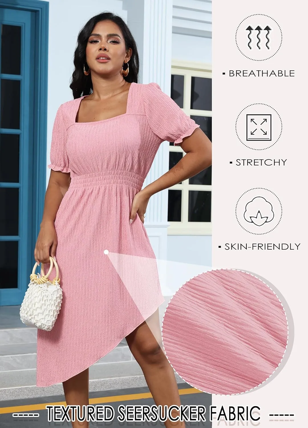 ZTN Womens Summer Casual Dress 2025 Square Neck Short Sleeve Sundresses Irregular Hem Midi Dresses Loose Beach Vacation