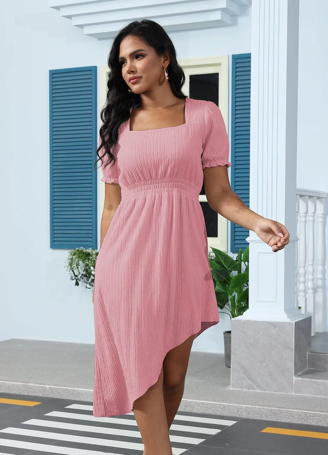 ZTN Womens Summer Casual Dress 2025 Square Neck Short Sleeve Sundresses Irregular Hem Midi Dresses Loose Beach Vacation