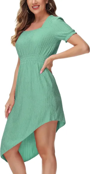 ZTN Womens Summer Casual Dress 2025 Square Neck Short Sleeve Sundresses Irregular Hem Midi Dresses Loose Beach Vacation