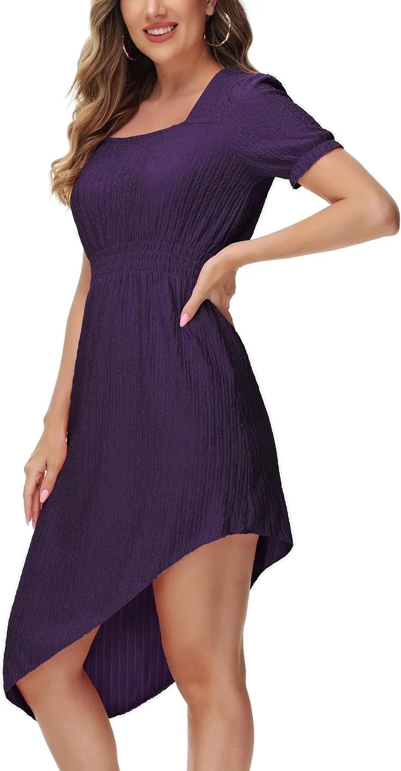 ZTN Womens Summer Casual Dress 2025 Square Neck Short Sleeve Sundresses Irregular Hem Midi Dresses Loose Beach Vacation