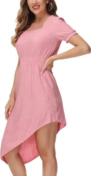 ZTN Womens Summer Casual Dress 2025 Square Neck Short Sleeve Sundresses Irregular Hem Midi Dresses Loose Beach Vacation