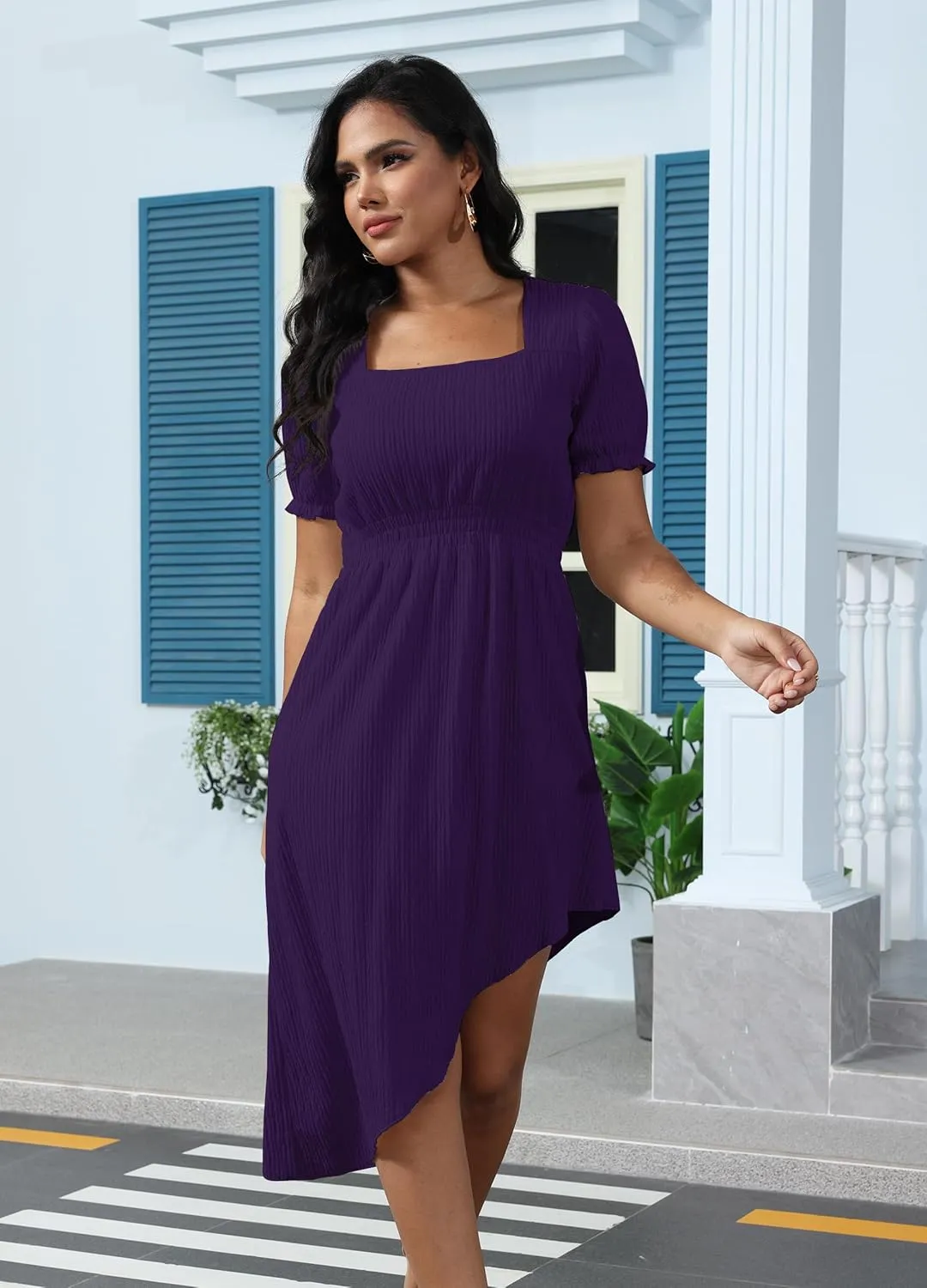 ZTN Womens Summer Casual Dress 2025 Square Neck Short Sleeve Sundresses Irregular Hem Midi Dresses Loose Beach Vacation