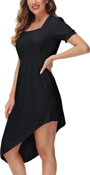 ZTN Womens Summer Casual Dress 2025 Square Neck Short Sleeve Sundresses Irregular Hem Midi Dresses Loose Beach Vacation