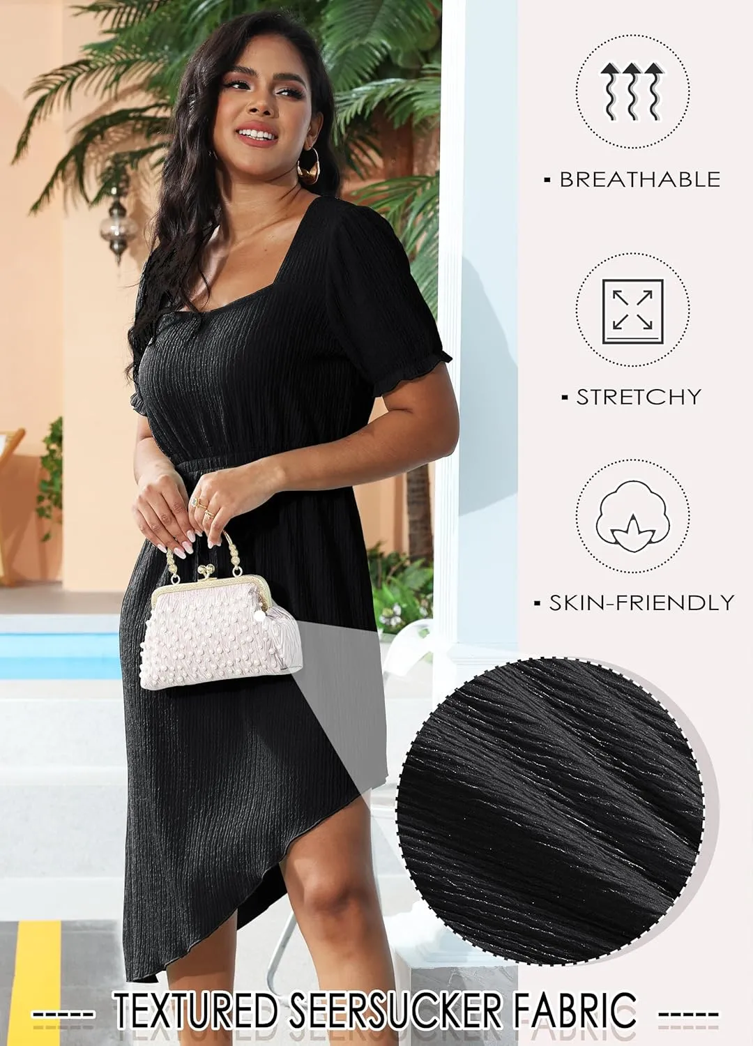 ZTN Womens Summer Casual Dress 2025 Square Neck Short Sleeve Sundresses Irregular Hem Midi Dresses Loose Beach Vacation