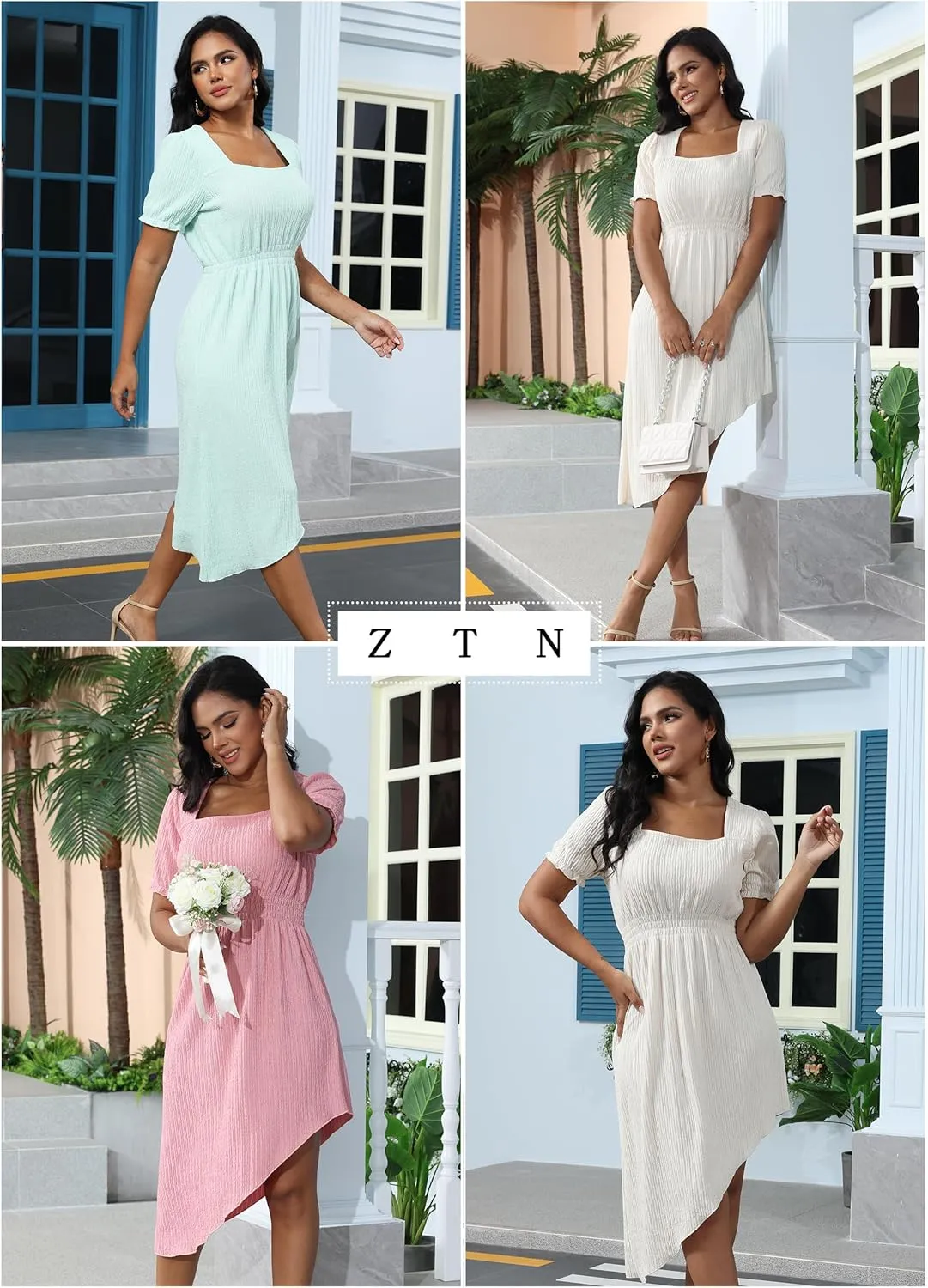 ZTN Womens Summer Casual Dress 2025 Square Neck Short Sleeve Sundresses Irregular Hem Midi Dresses Loose Beach Vacation