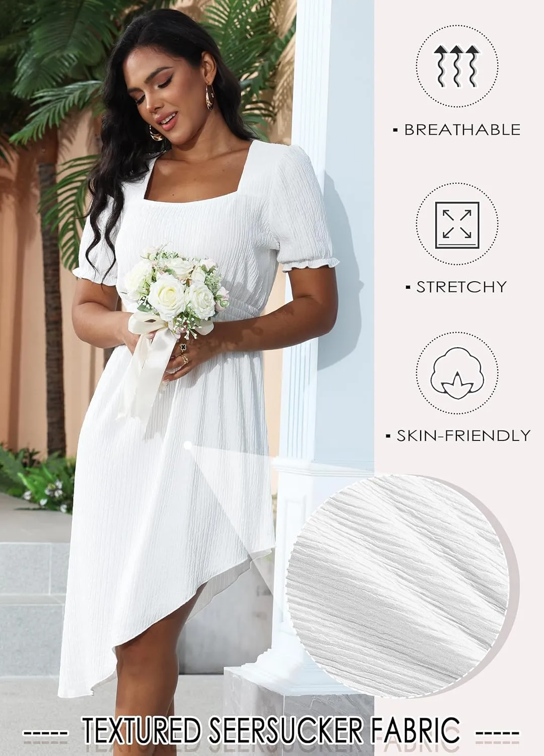 ZTN Womens Summer Casual Dress 2025 Square Neck Short Sleeve Sundresses Irregular Hem Midi Dresses Loose Beach Vacation