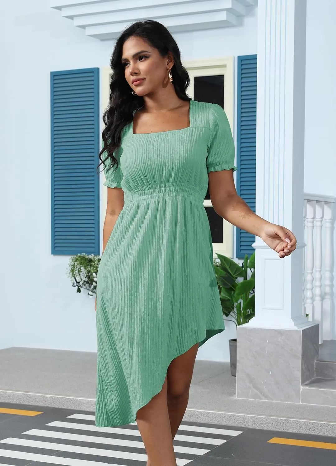 ZTN Womens Summer Casual Dress 2025 Square Neck Short Sleeve Sundresses Irregular Hem Midi Dresses Loose Beach Vacation