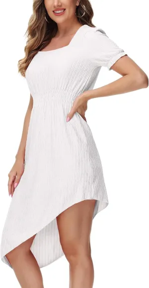 ZTN Womens Summer Casual Dress 2025 Square Neck Short Sleeve Sundresses Irregular Hem Midi Dresses Loose Beach Vacation