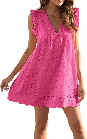 ZWRXW Women's Summer Dresses Casual Babydoll Mini Dress Ruffle Cap Sleeveless A-Line Sun Dress V Neck Flowy Swing Tunic Dress